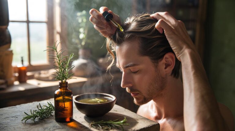 Illustration of a person massaging diluted rosemary oil into the scalp, with a bowl of cooled rosemary infusion and fresh sprigs nearby, to boost scalp health naturally