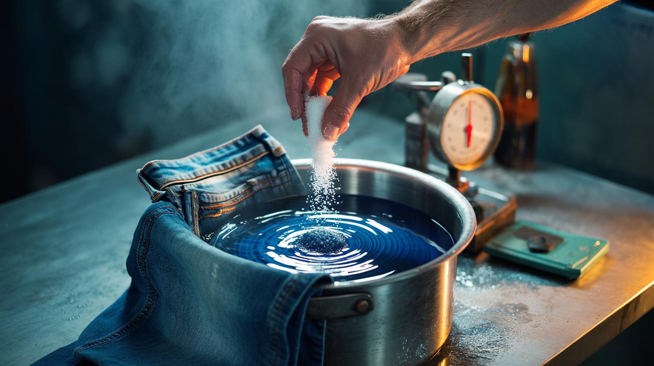 Illustration of denim jeans being re-dyed with a salt lock, sodium chloride dissolved in a dye bath to set the colour during washing