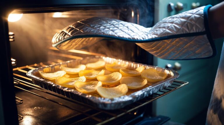 Illustration of crisps being refreshed in an oven on a foil-lined baking tray to restore crunchiness