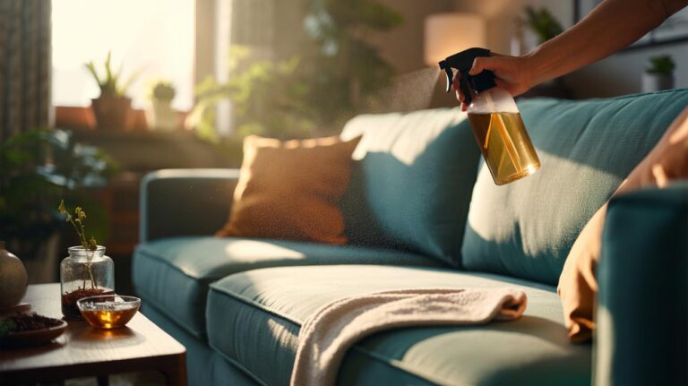 Illustration of a person lightly misting a fabric sofa with a pale tea-bag infusion to neutralise musty odours in 10 minutes