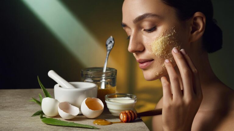 Illustration of finely milled eggshell powder prepared as a gentle, calcium-rich natural facial exfoliant