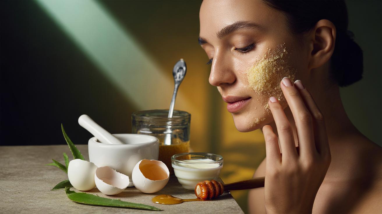 Illustration of finely milled eggshell powder prepared as a gentle, calcium-rich natural facial exfoliant