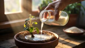 Illustration of rice water being poured into the soil of a parched potted plant to revive it