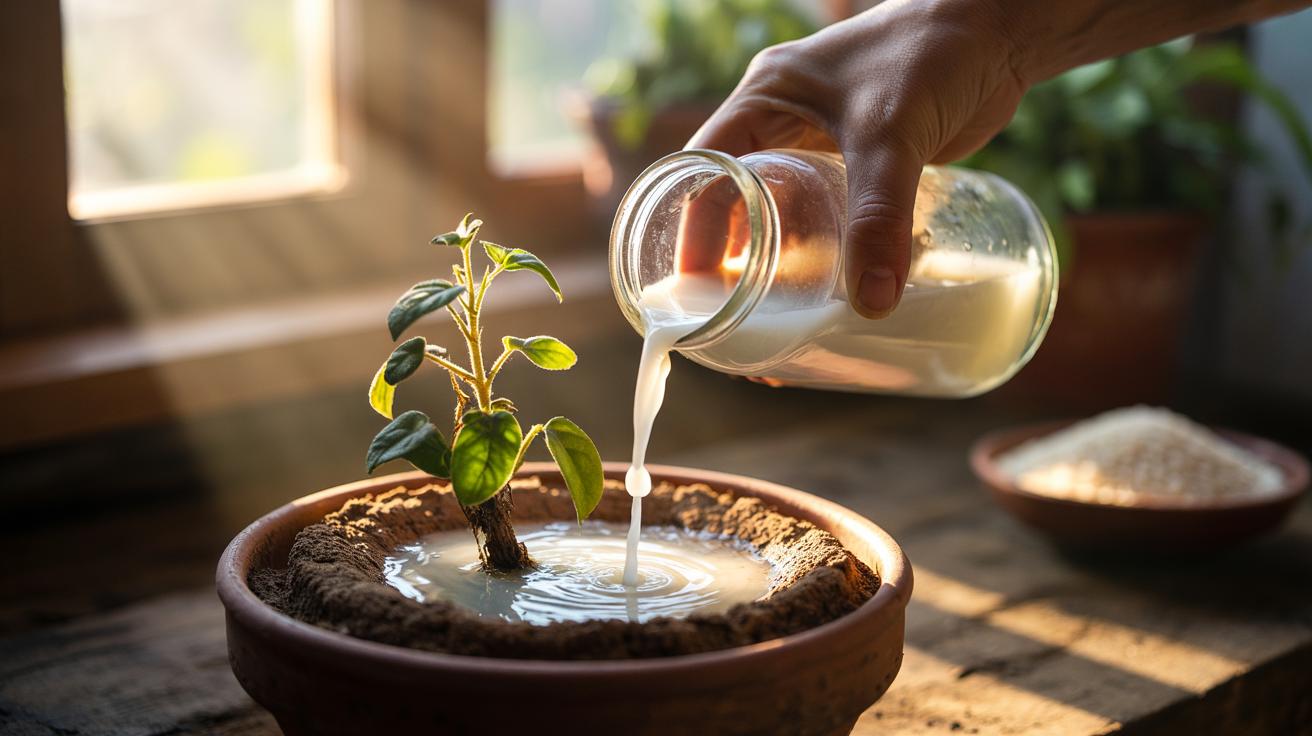 Illustration of rice water being poured into the soil of a parched potted plant to revive it