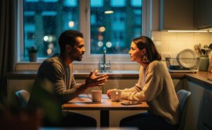 Illustration of a couple using constructive, specific complaints to strengthen intimacy and happiness