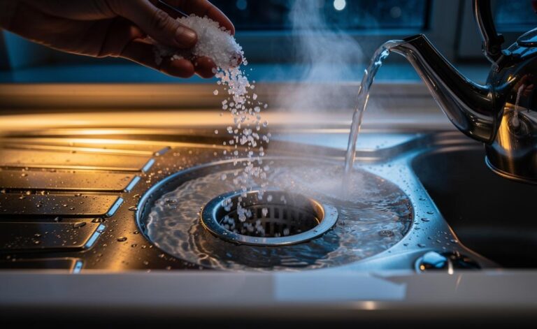 Illustration of salt being poured into a clogged sink drain with a kettle of hot water nearby to clear the blockage overnight.