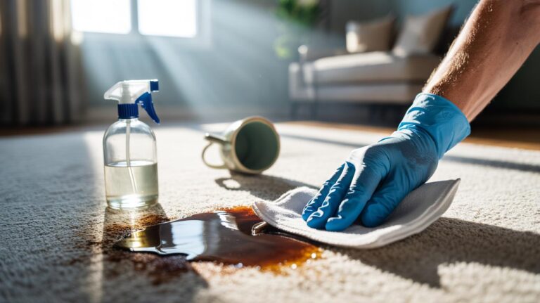 Illustration of removing carpet stains with white vinegar in five minutes