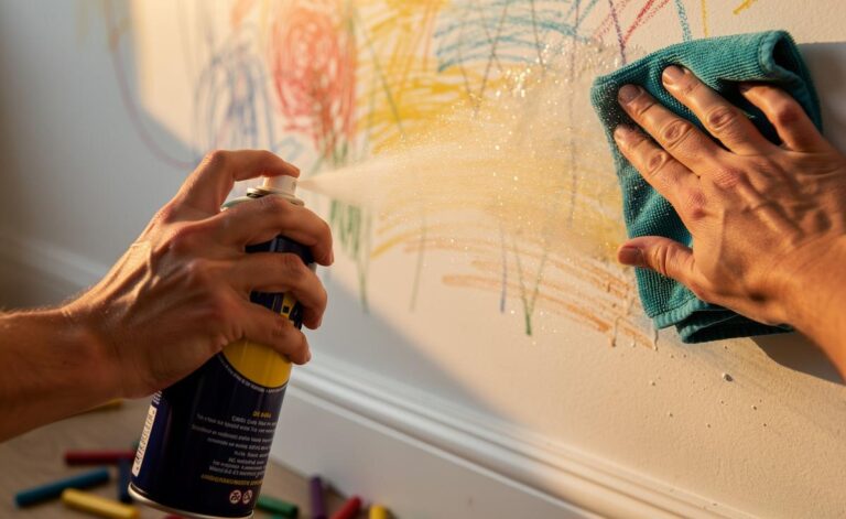 Illustration of WD-40 being sprayed onto crayon marks on a painted wall and wiped away with a microfibre cloth