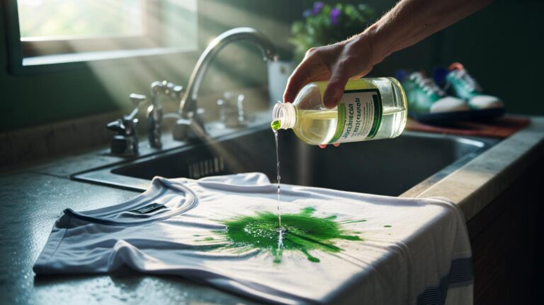 Illustration of removing grass stains from clothing using white distilled vinegar to dissolve the stain in about one minute