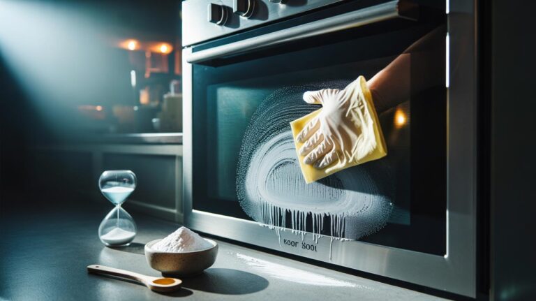 Illustration of [removing stuck-on grease from an oven door glass with baking soda, showing how mild abrasion lifts grime in five minutes]