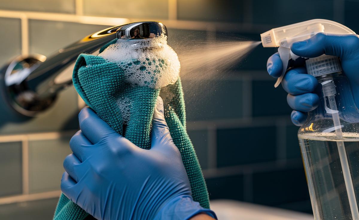 Illustration of using white vinegar to dissolve hard water limescale on a chrome tap within five minutes