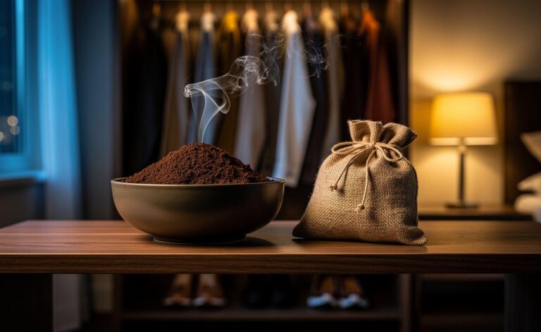 Illustration of coffee grounds in open bowls and breathable sachets used to neutralise musty odours in wardrobes, cupboards, and cars overnight
