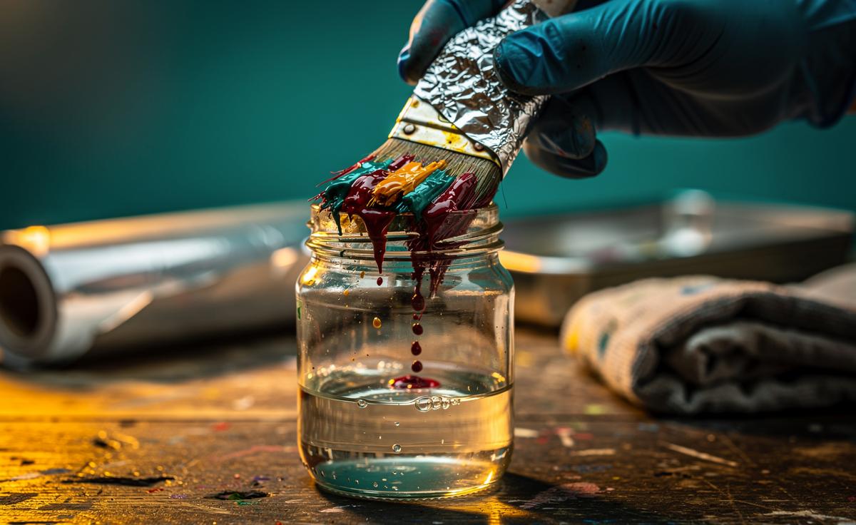 Illustration of a paintbrush wrapped in aluminium foil being twisted to clean paint from the bristles