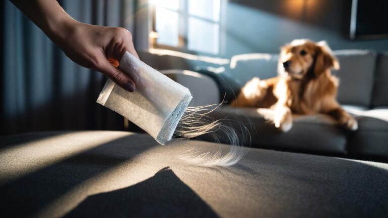 Illustration of removing pet hair from clothing with a dryer sheet in a single swipe