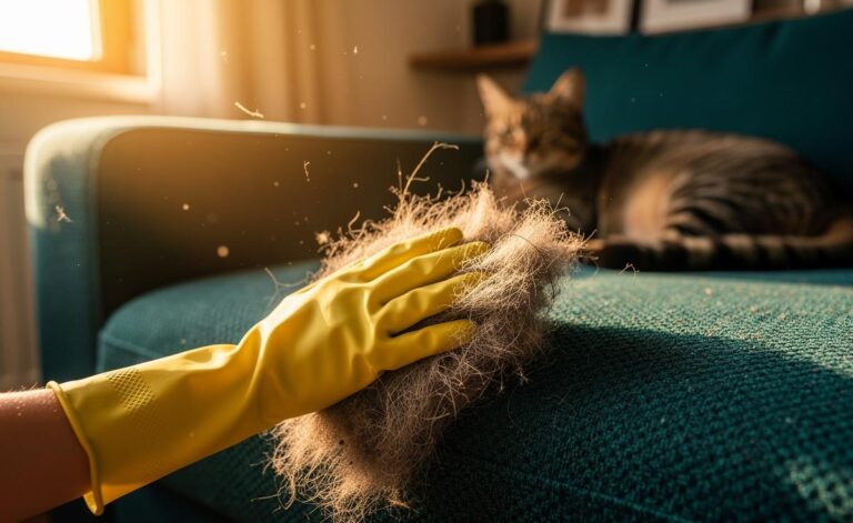 Illustration of a rubber-gloved hand removing pet hair from a fabric sofa using friction