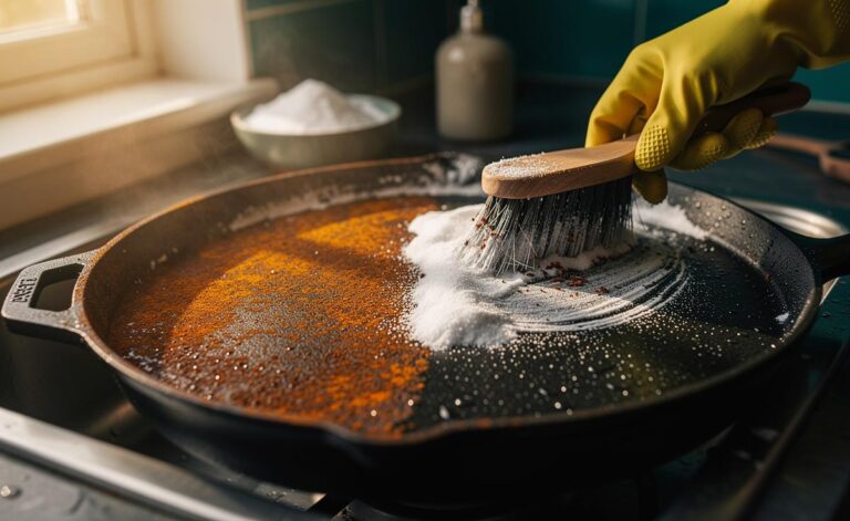 Illustration of removing rust from a cast-iron pan using baking soda paste and a nylon brush