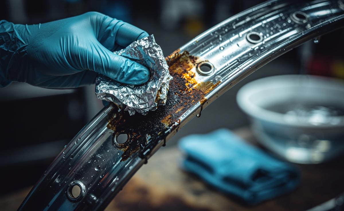 Illustration of removing rust from a chrome-plated metal surface using aluminium foil and water with gentle scrubbing