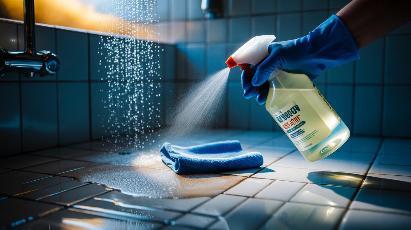 Illustration of cleaning bathroom tiles with white vinegar to remove soap scum in under five minutes