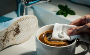 Illustration of toothpaste being used to remove stains from household items such as a tea-stained ceramic mug and white trainer soles