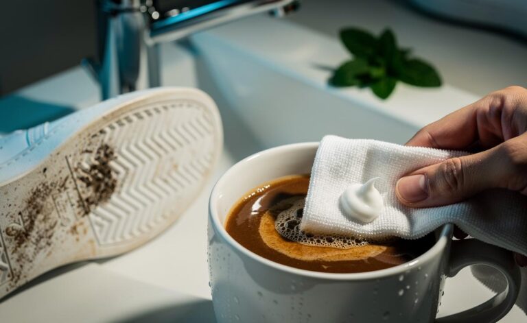 Illustration of toothpaste being used to remove stains from household items such as a tea-stained ceramic mug and white trainer soles