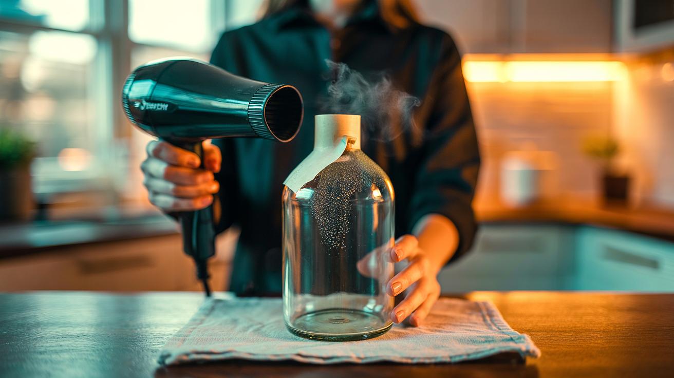Illustration of a hairdryer being used to remove a sticky label from a glass bottle, showing heat releasing the adhesive