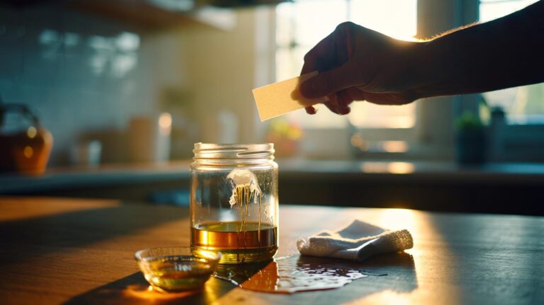 Illustration of using oil to remove sticky residue from labels and adhesive remains