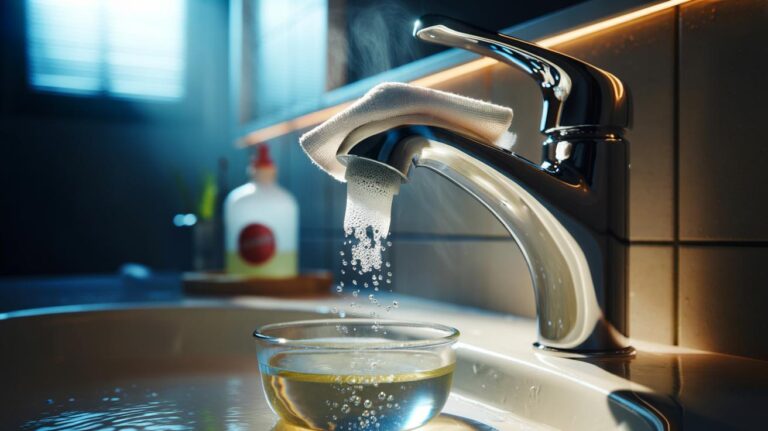 Illustration of vinegar dissolving stubborn bathroom limescale on a chrome tap in two minutes