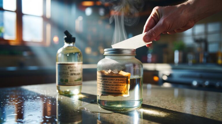 Illustration of hot vinegar applied with a paper towel to dissolve adhesive on a stubborn label on a glass jar while a plastic card lifts the edge
