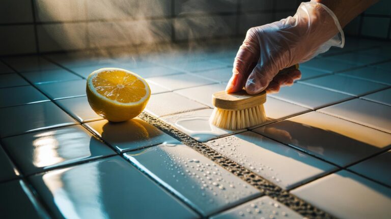 Illustration of using a cut lemon to remove stains from tile grout in five minutes