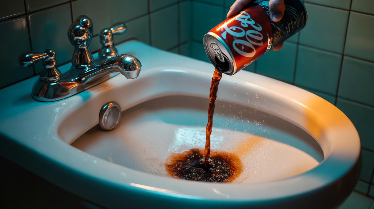 Illustration of cola fizz lifting grime from a toilet bowl in five minutes
