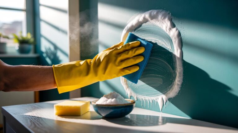 Illustration of a hand using a microfibre cloth and baking soda paste to remove scuffs from a painted wall, with scrubbing bubbles lifting the marks