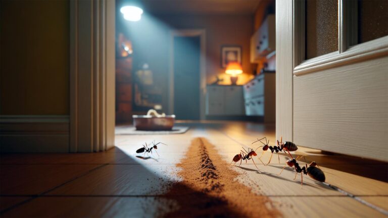Illustration of a thin line of ground cinnamon along a doorway and skirting board forming a barrier that deters ants from overnight invasions