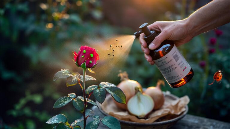 Illustration of an onion infusion being sprayed onto rose bushes at dusk to repel aphids through sulphur compounds