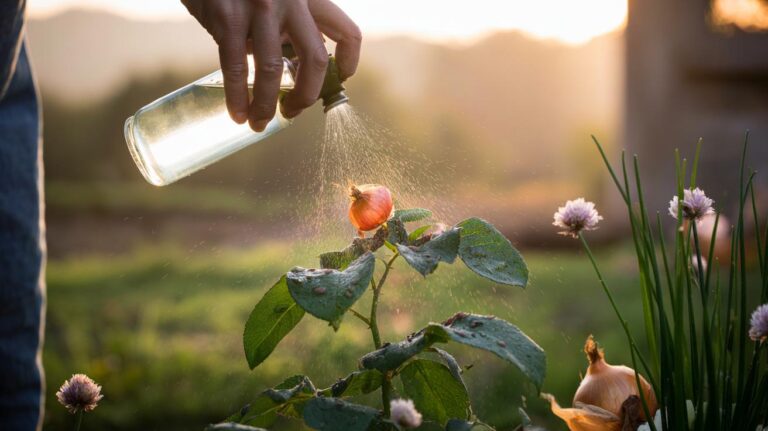 Illustration of onion-based spray being applied to garden plants to repel aphids