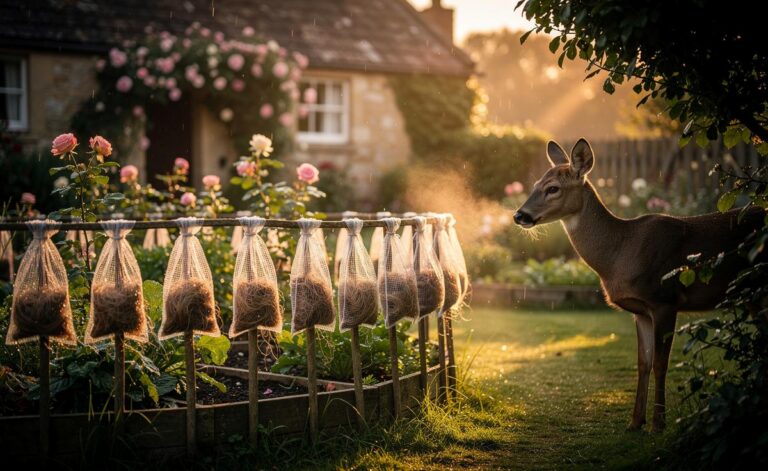 Illustration of mesh sachets filled with human hair hanging on garden stakes around beds, with a deer hesitating at the edge, deterred by human scent