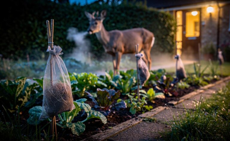 Illustration of mesh bags filled with human hair hung at deer muzzle height around a garden bed to repel deer overnight
