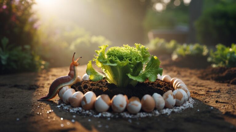 Illustration of crushed eggshells forming a ring around garden plants to deter slugs and snails naturally