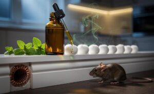 Illustration of peppermint oil used as a strong-scent deterrent to chase away mice