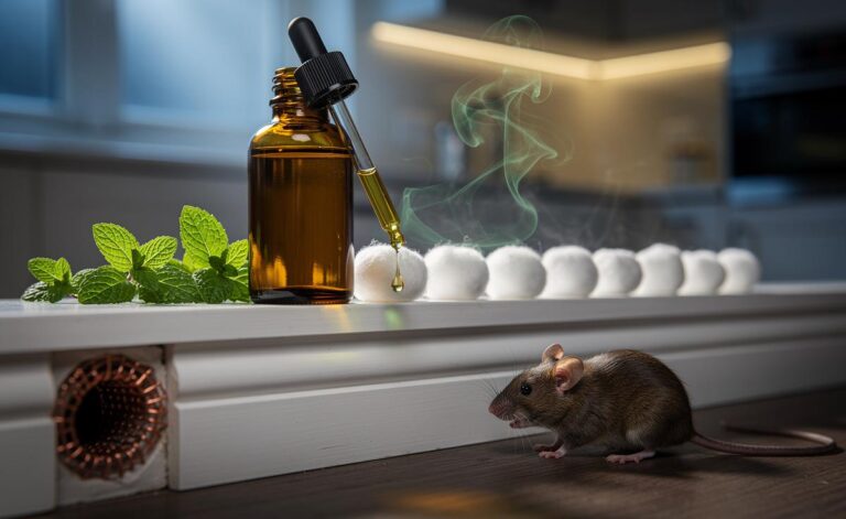 Illustration of peppermint oil used as a strong-scent deterrent to chase away mice