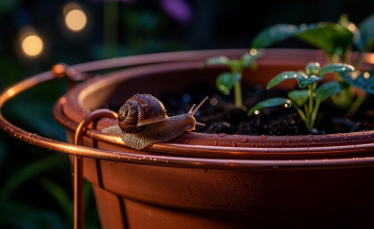 Illustration of a garden pot encircled by copper wire forming a continuous barrier that repels a snail with a mild electric shock