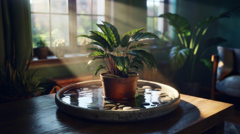 Illustration of a potted houseplant elevated above water on a pebble tray to raise humidity and replicate tropical conditions