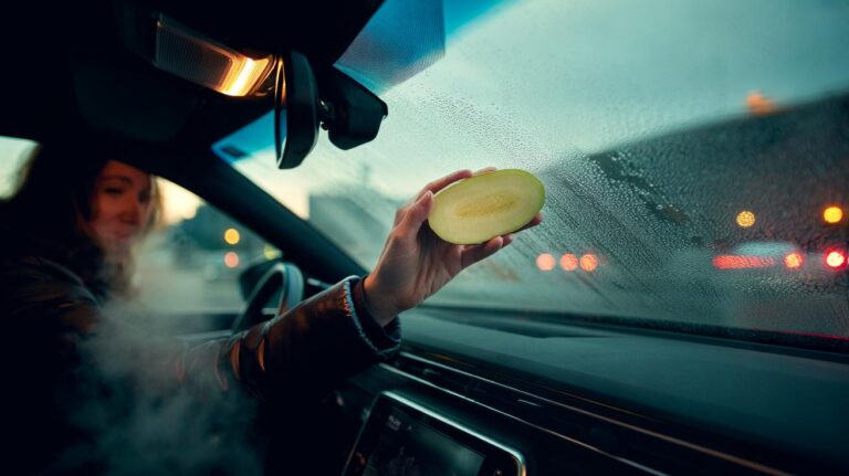 Illustration of a sliced potato being applied to the inside of a car windscreen to prevent fogging