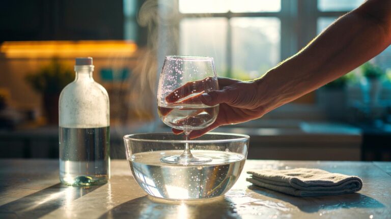 Illustration of restoring shine to cloudy glassware with white vinegar in five minutes
