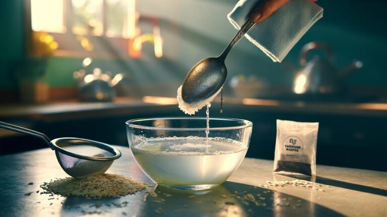 Illustration of rice water being used to clean tarnished silver jewellery and cutlery