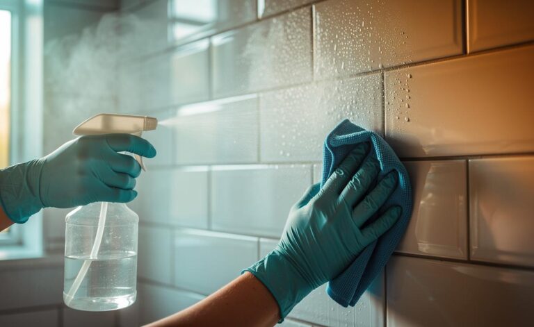 Illustration of distilled white vinegar being applied with a spray bottle and microfibre cloth to remove limescale and soap scum and restore shine on glazed ceramic tiles