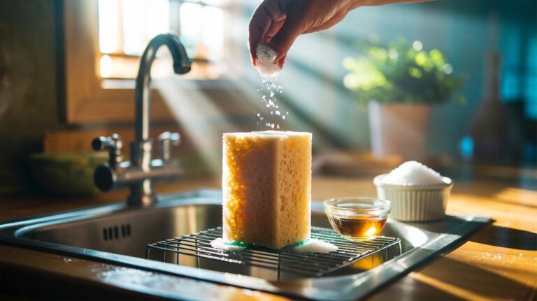 Illustration of a reusable kitchen sponge being rubbed with salt to prevent odours and extend its life