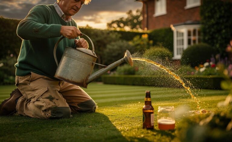 Illustration of a gardener applying a diluted beer mixture to a lawn, using yeast and sugars to stimulate soil microbes and promote lush green growth