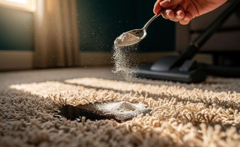 Illustration of cornstarch being applied to a stained carpet to absorb deep, oily stains