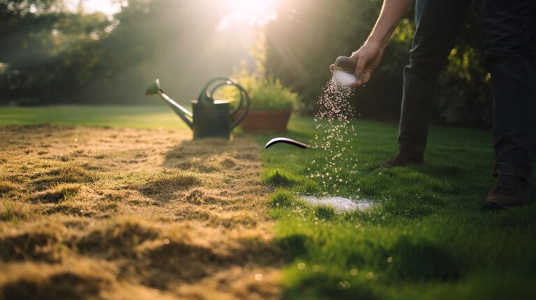 Illustration of Epsom salt being applied to a dying lawn to restore green colour
