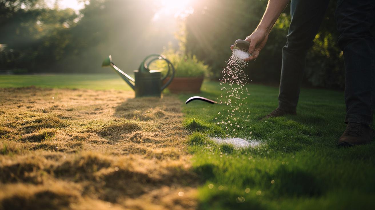 Illustration of Epsom salt being applied to a dying lawn to restore green colour